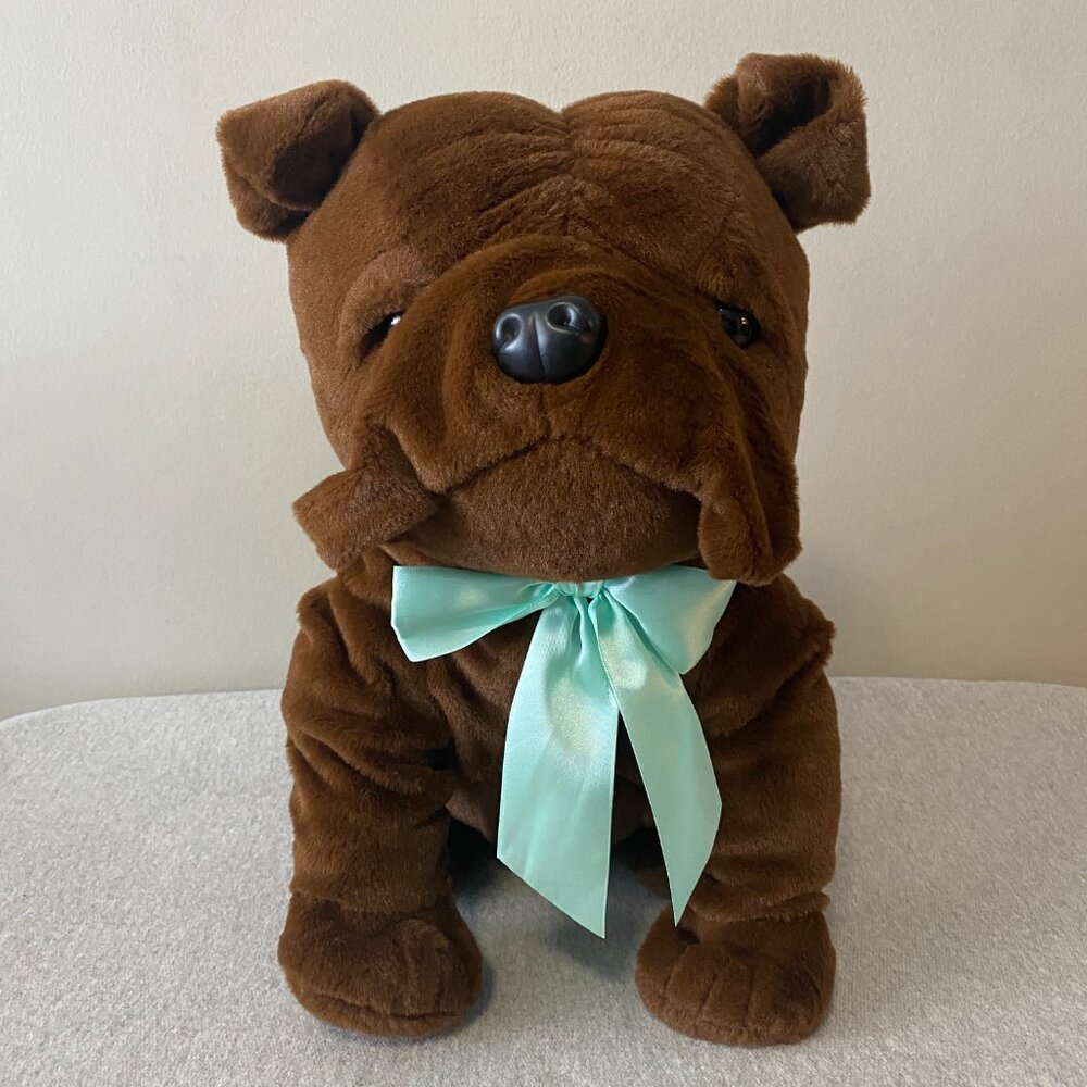 NWOT Shoppers Drug Mart Valentine's Day XOXO Brown Bulldog Teal Bow 14"